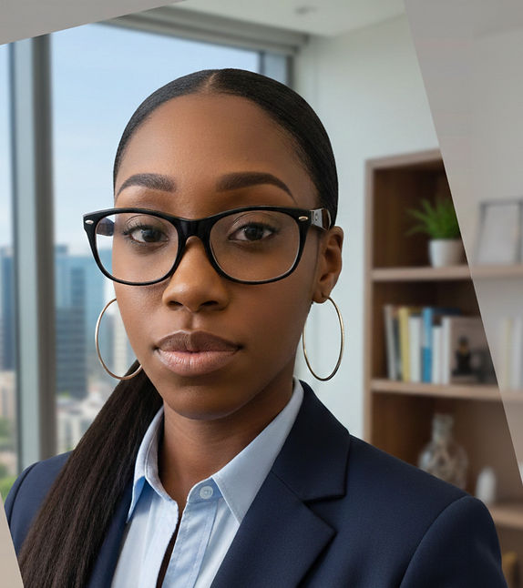 Tae Easter, Clinical Care Coordinator at Canvas Outpatient, wearing glasses and a professional suit, in an office setting with a cityscape view and bookshelves.